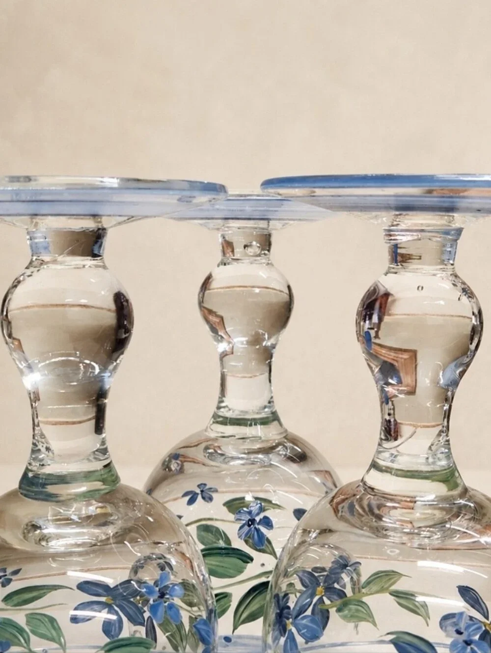 Vintage Hand Painted Blue Floral Glass Goblets Set of 3 Summer Breeze Style